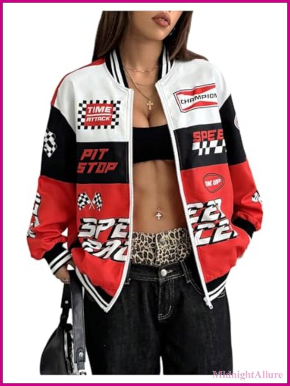 Y2k Varsity Jacket Racing Bomber Letterman Zip Up Oversized Graphic Motorcycle